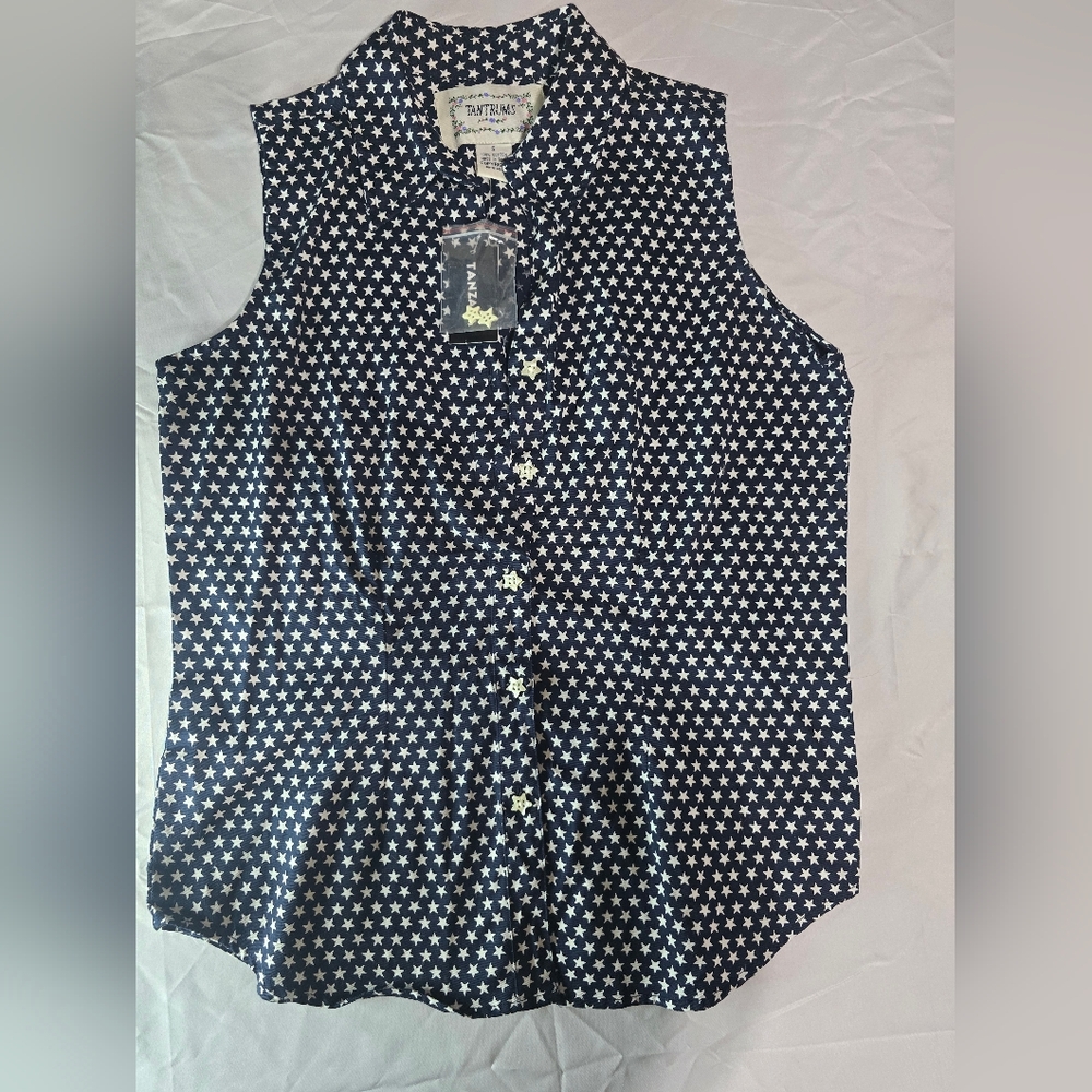 Vintage Women's Tantrums Navy and White Star Shirt With Pearl Buttons 4th July